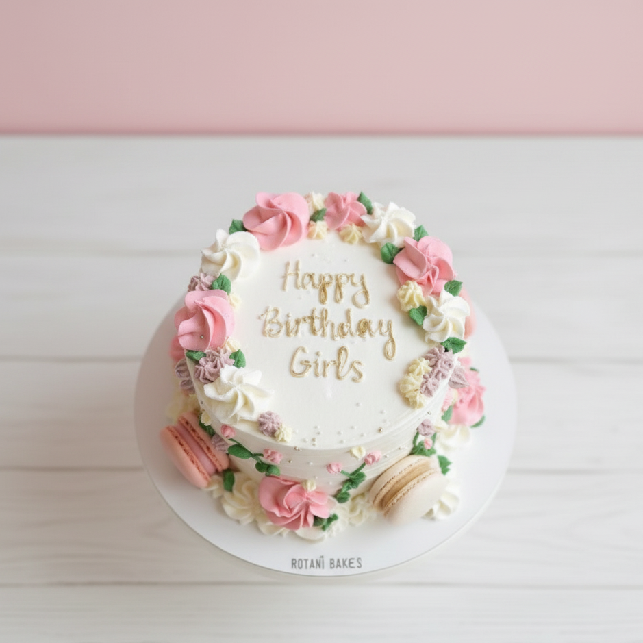 
                  
                    Birthday cake with pink flowers and 'Happy Birthday Girls' text on a white background
                  
                