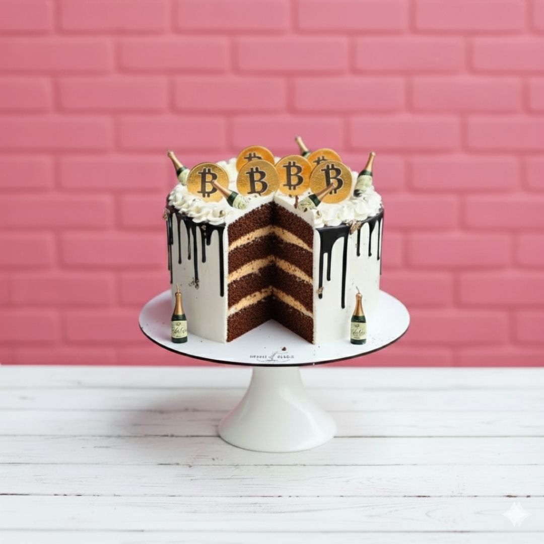 Layered cake with Bitcoin-themed decorations on a white stand against a pink brick wall.