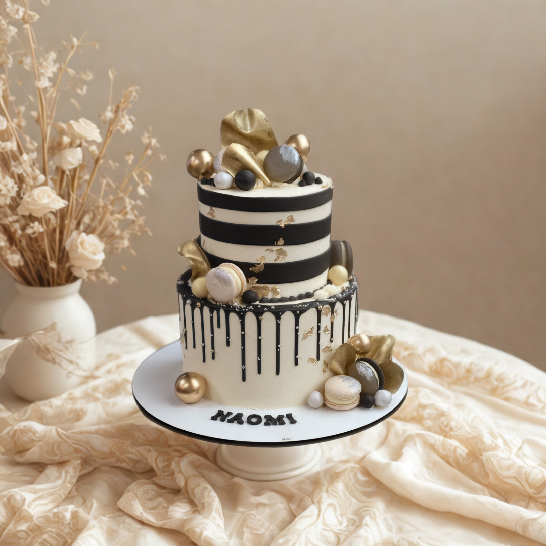 Black and gold themed cake with modern detailing for formal occasions and birthdays