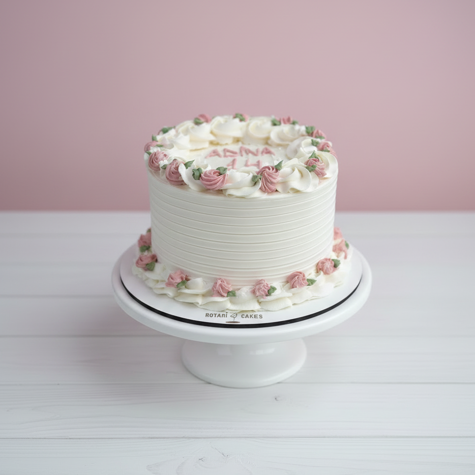 White floral cake with pink flowers on a white stand against a pink background