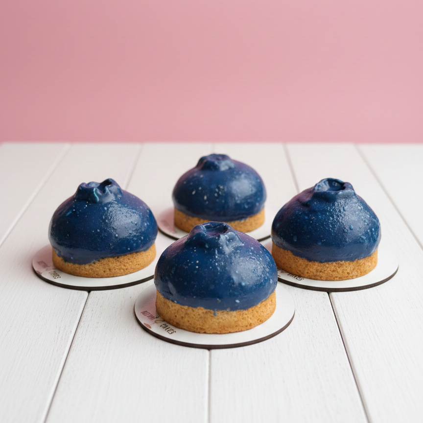 Four blue-dusted pastries on a white surface with a pink background