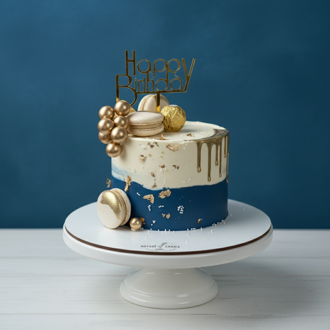 Decorative birthday cake with gold accents on a white stand against a blue background