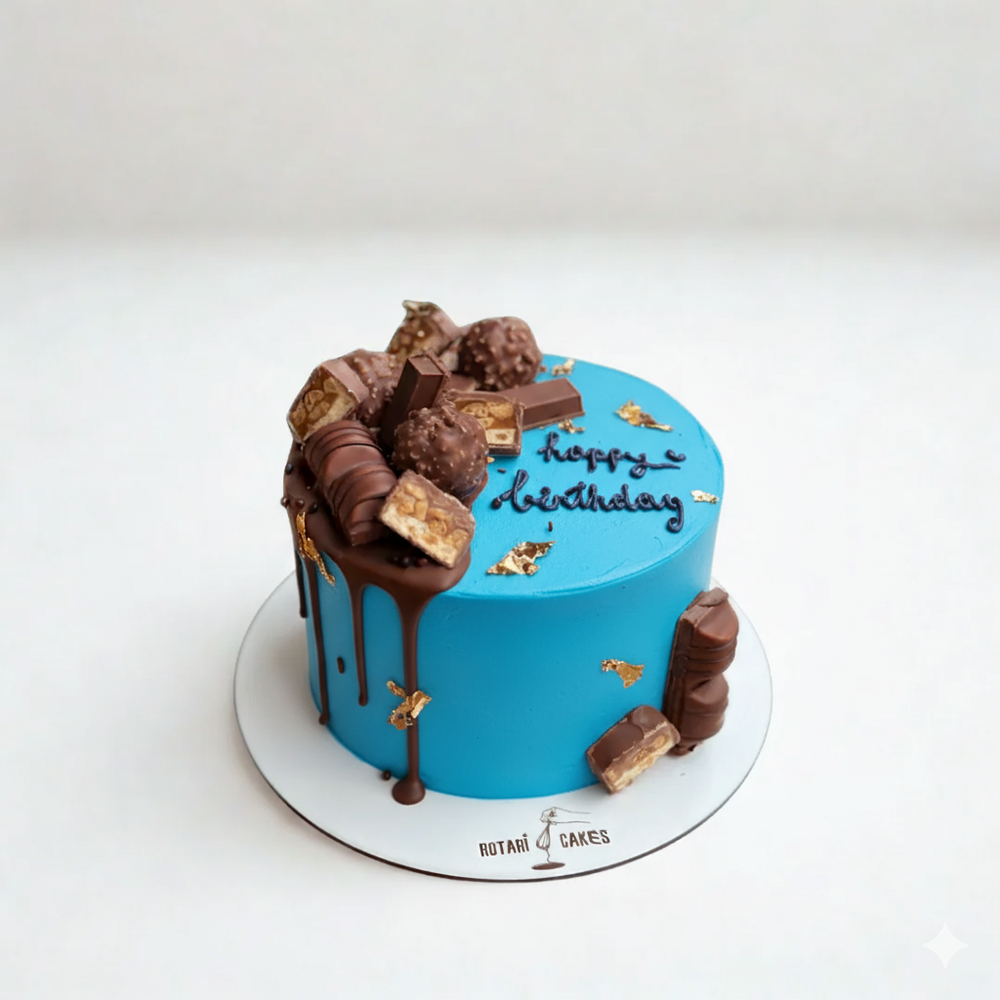 
                  
                    Blue birthday cake with chocolate decorations on a white background
                  
                