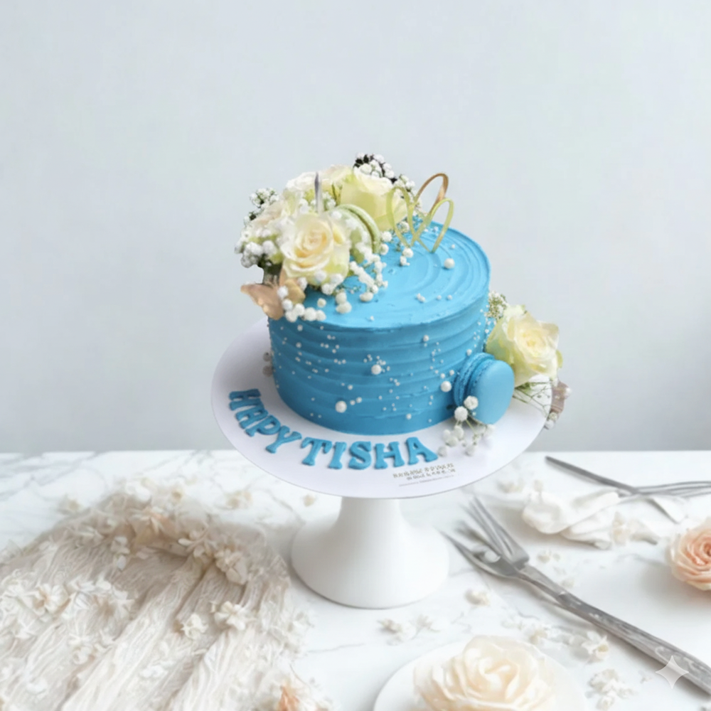 
                  
                    Blue cake with floral decorations on a white stand against a light gray background
                  
                