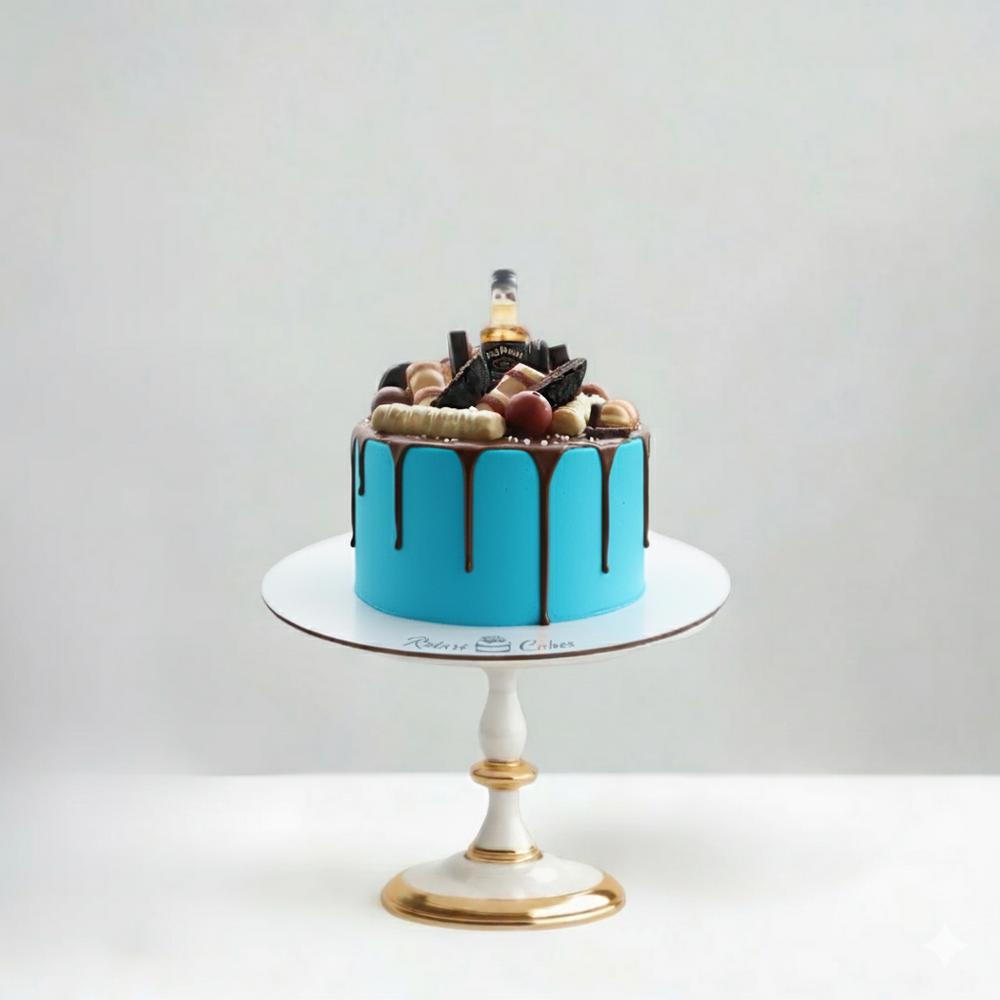 Blue cake with chocolate drizzle and various toppings on a white stand against a light gray background