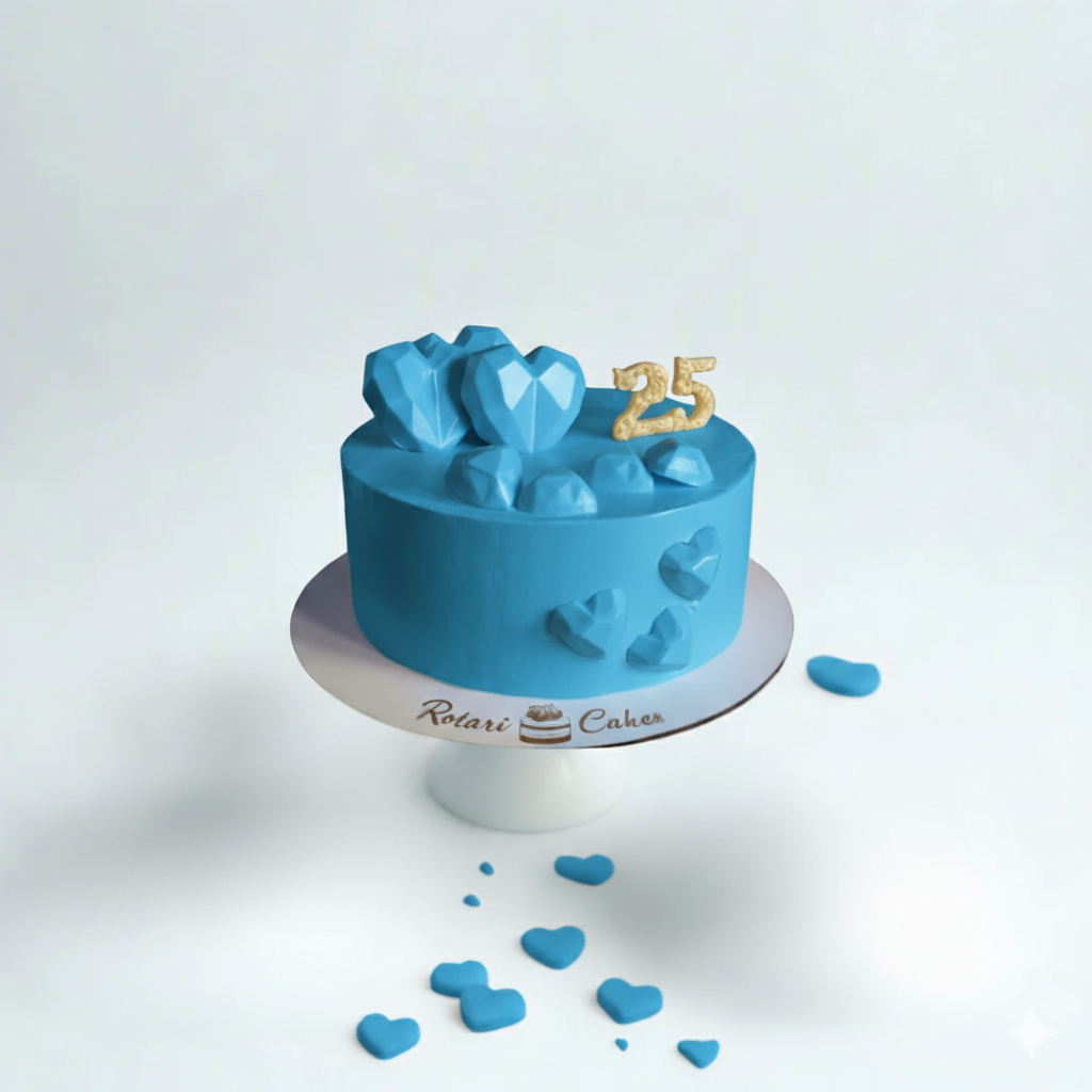 Blue cake with heart designs and '25' on a white background
