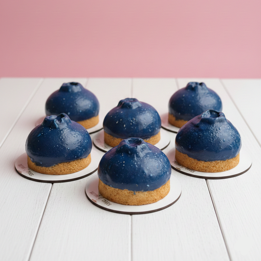 Six blueberry tarts cakes on a white surface with a pink background