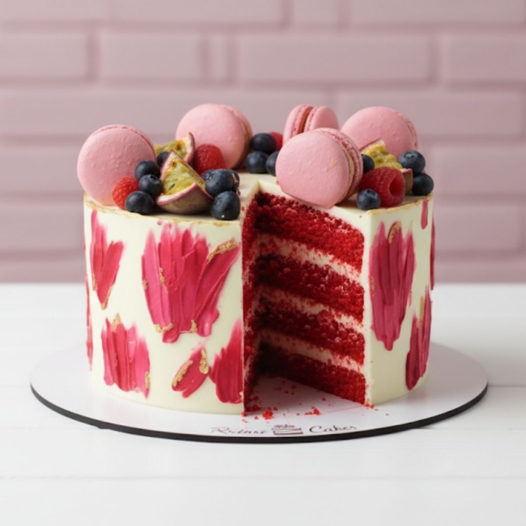 Red velvet cake with pink floral design and fruit toppings on a white stand.