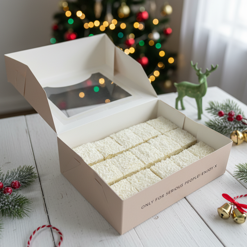 Box of christmas desserts on a table with a Christmas tree in the background