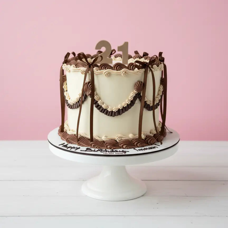 brown vintage piping cake with chocolate ribbons and a number '21' on a pink background
