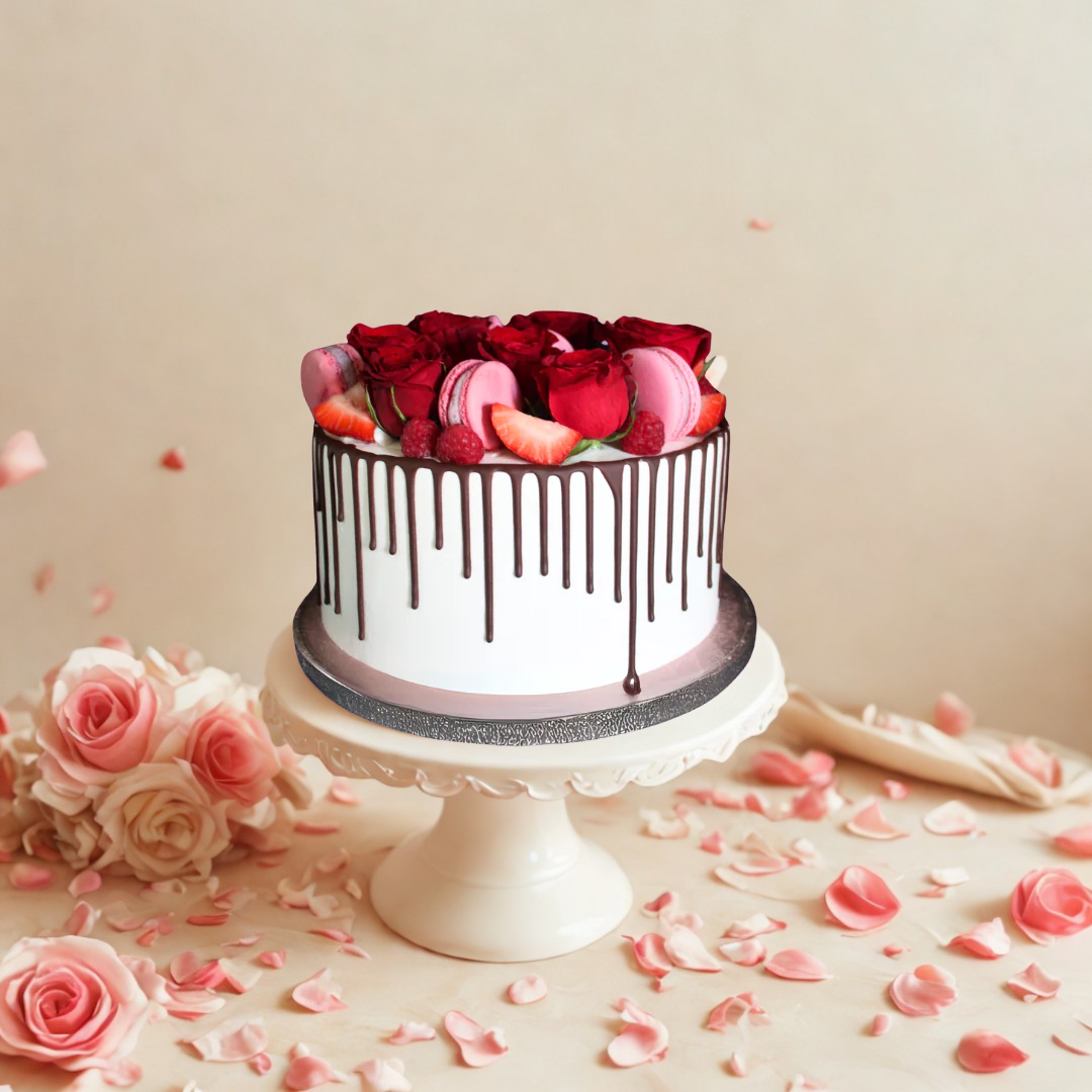 Decorative cake with chocolate drizzle, red and pink roses, and strawberries on a beige background.