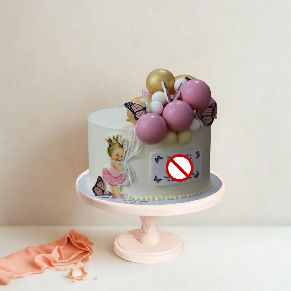 Decorative cake with balloons and a princess design on a white background
