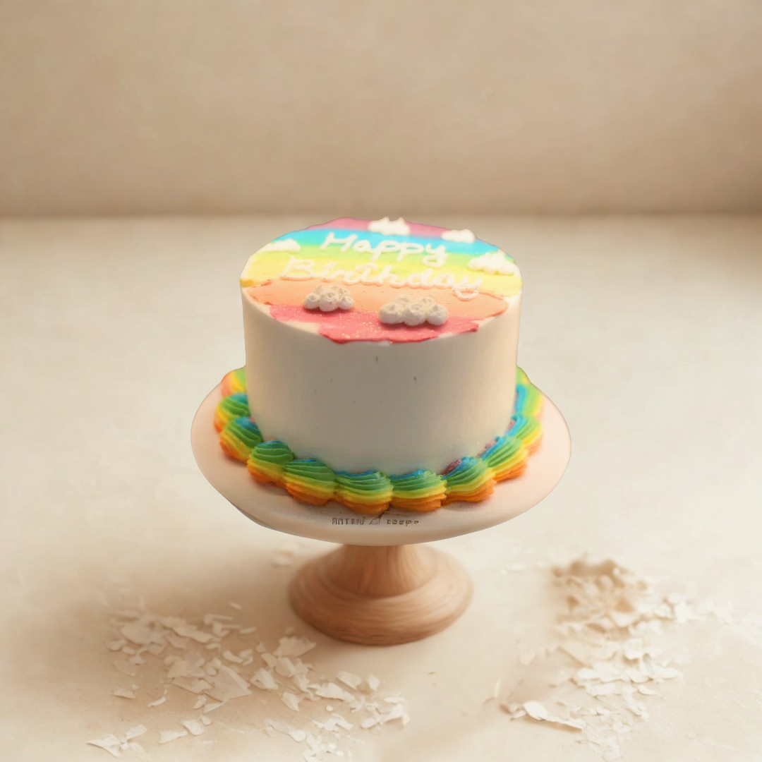 carrot cake with rainbow frosting on a wooden stand