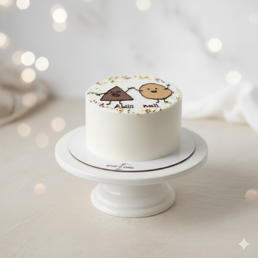 
                  
                    Small white cake with cartoon characters on a white stand against a blurred background
                  
                
