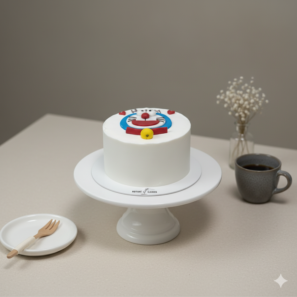 
                  
                    White cake with cartoon character on a white stand, next to a cup and saucer on a beige surface.
                  
                