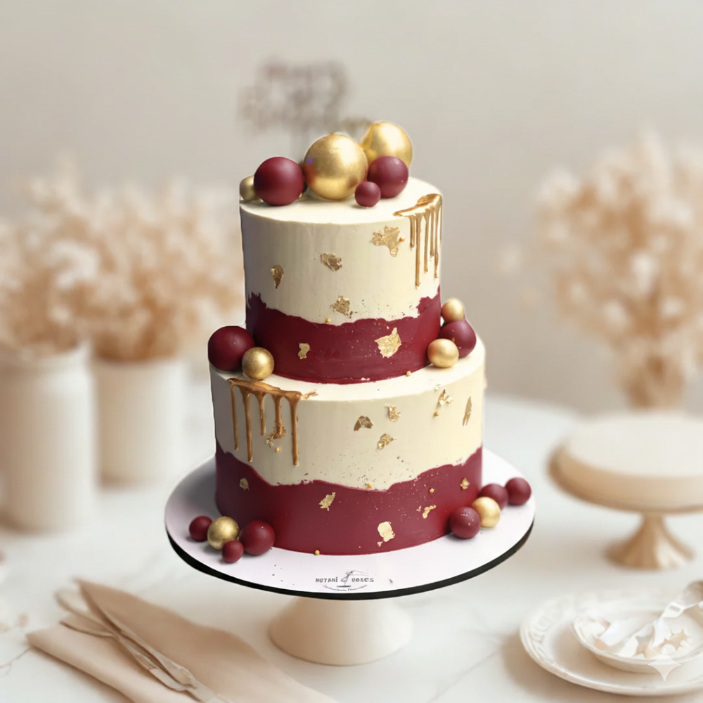 
                  
                    two-tiered cake with gold and red decorations on a white surface.
                  
                