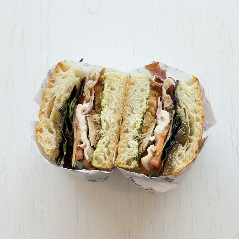 Half-cut focaccia sandwich with layers of meat and cheese on a white background