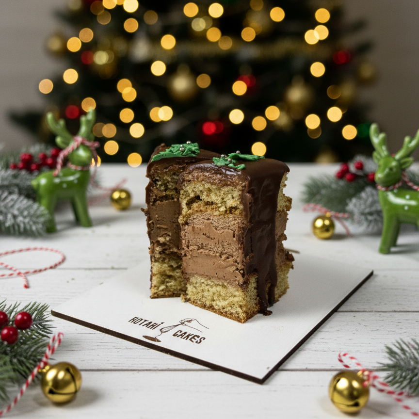 
                  
                    Slice of layered cake on a white plate with a Christmas tree in the background
                  
                