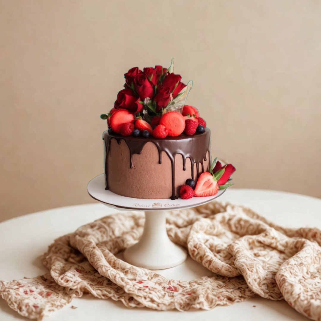 Chocolate cake with red roses and strawberries 