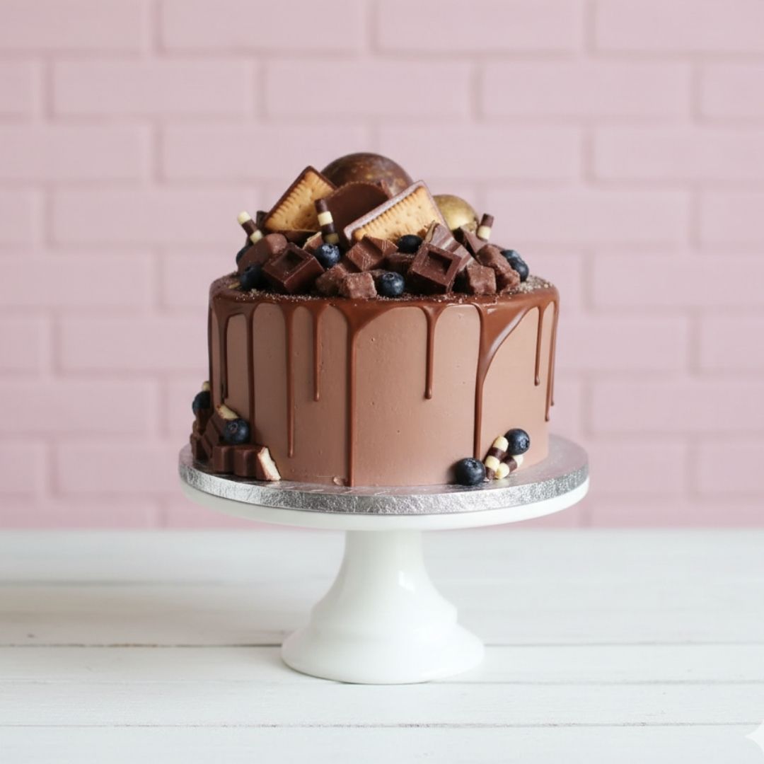 Chocolate coffee chessecake cake with berries and cookies on a white stand against a pink brick wall.