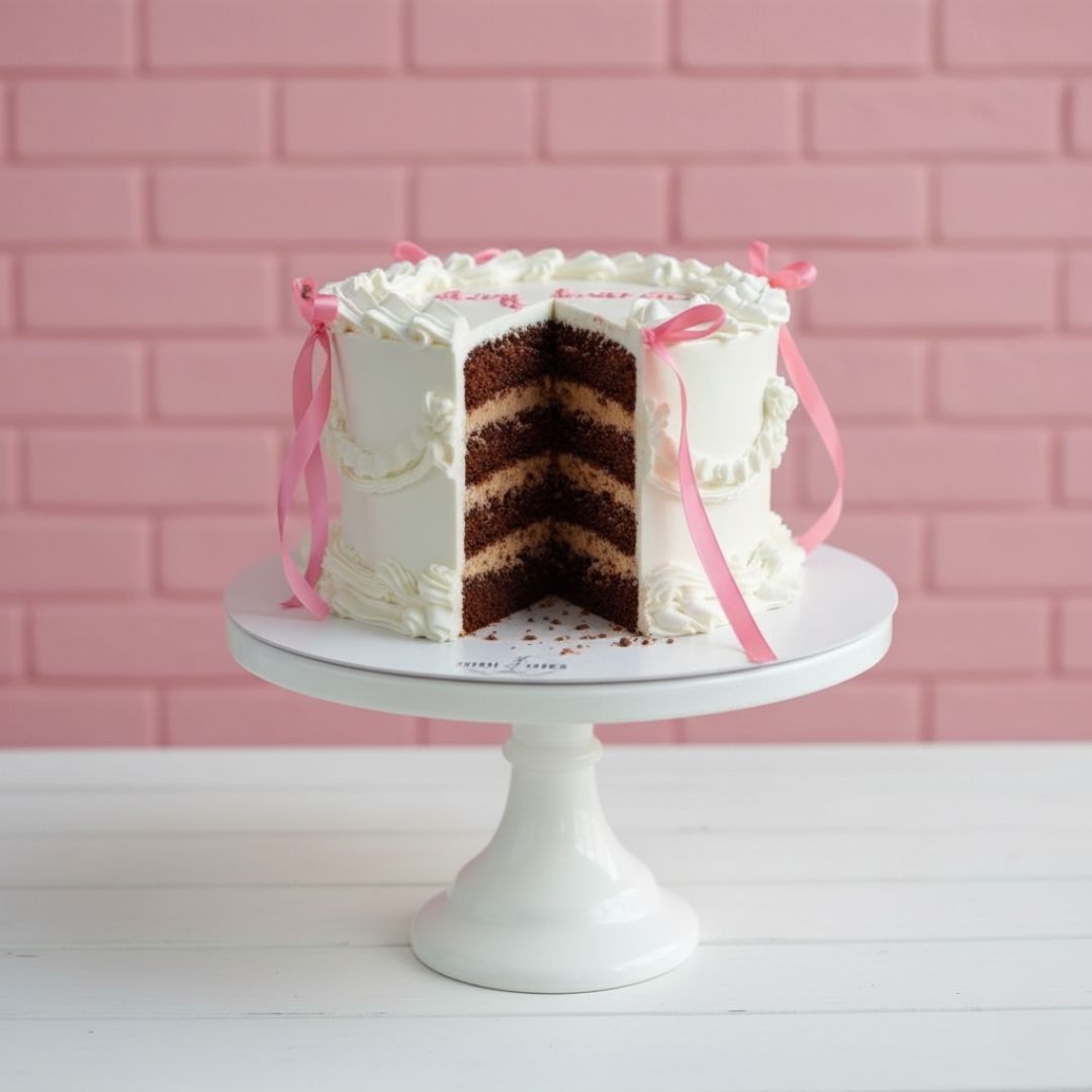 Layered cake with white frosting and pink ribbons on a white cake stand against a pink brick wall.