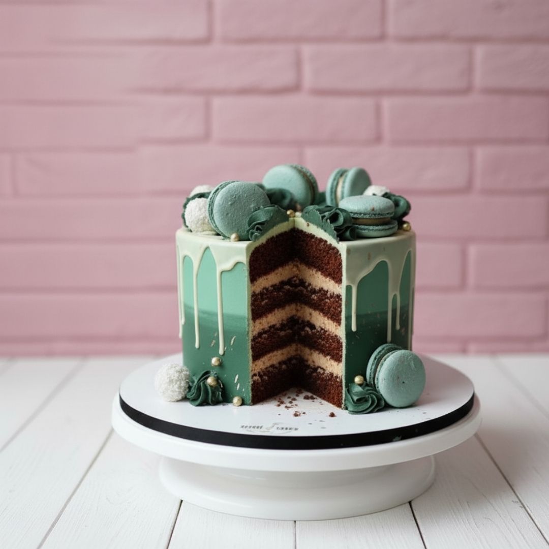Green cake with macarons on a white stand against a pink brick wall.