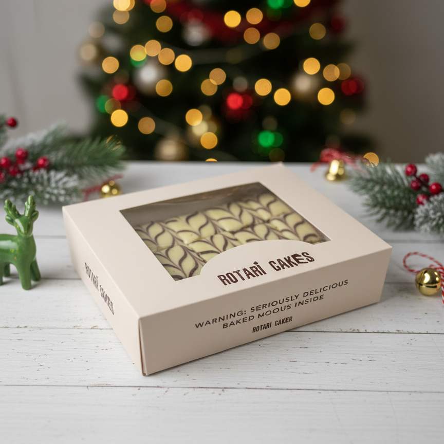 
                  
                    Box of Rotari Cakes with a Christmas tree in the background
                  
                