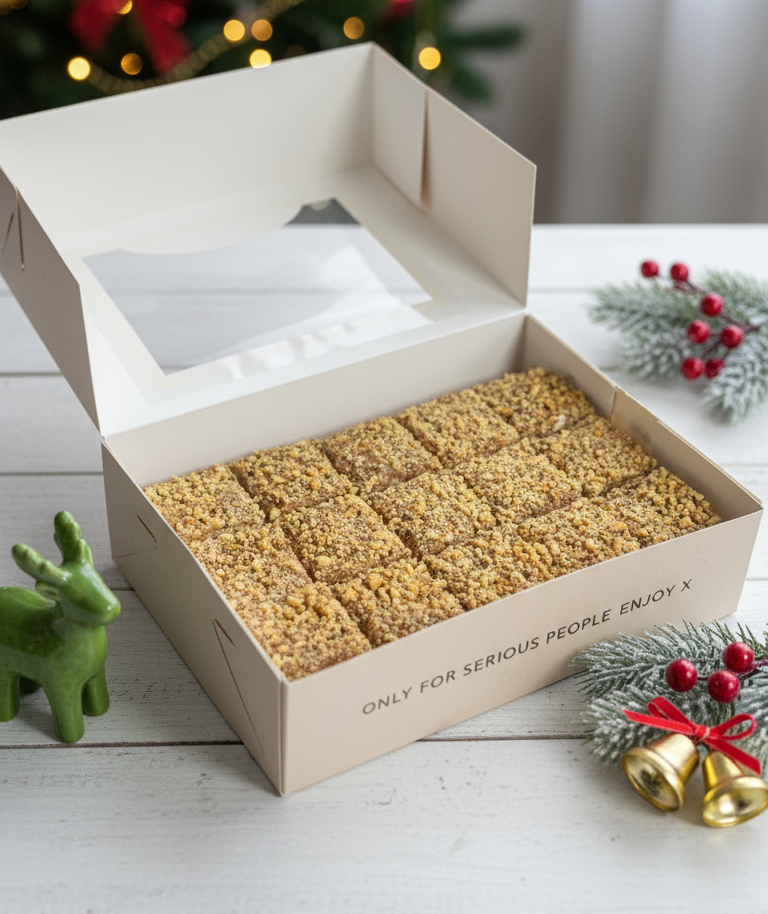 Box of cookies with Christmas decorations on a white surface