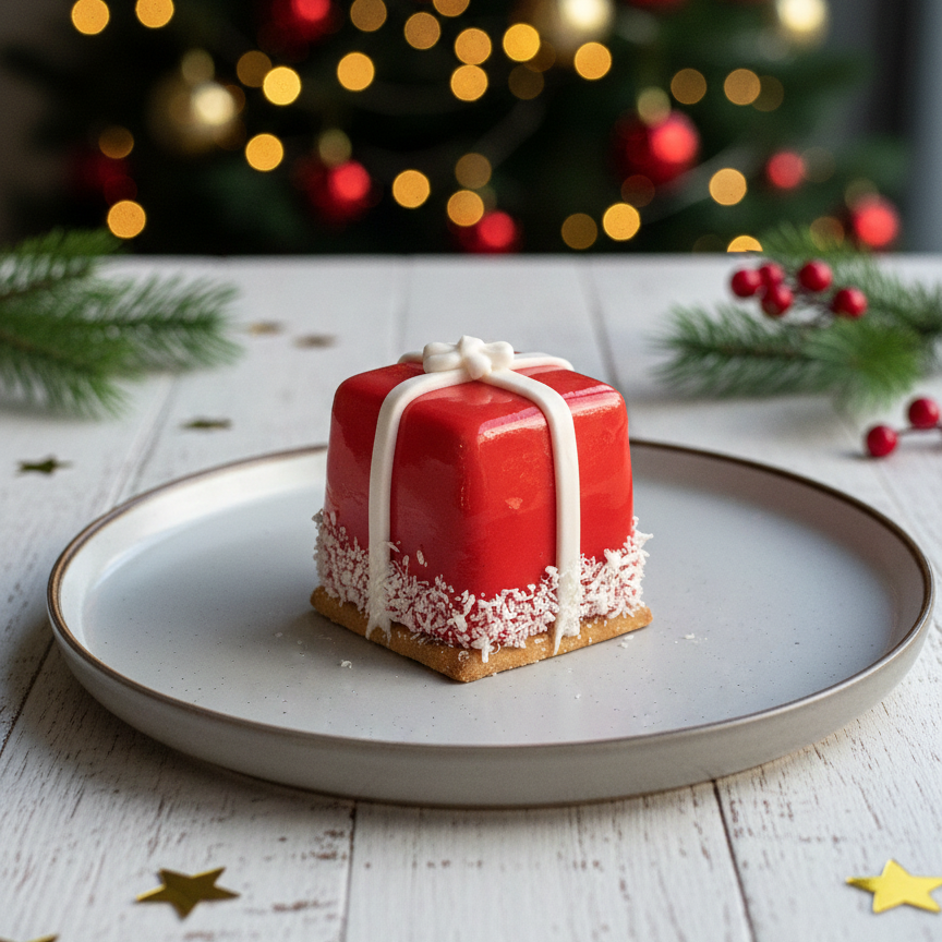 
                  
                    Red square christmas cake with white frosting on a plate in front of a decorated Christmas tree.
                  
                