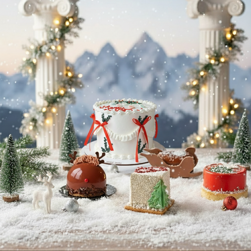 Decorative Christmas cakes and desserts with reindeer and candy cane decorations on a snowy landscape background.
