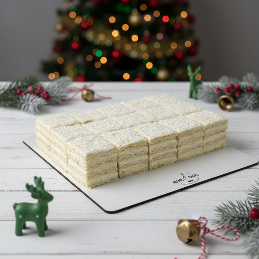 christmas cakes on a white surface with a decorated Christmas tree in the background