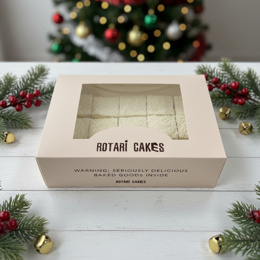
                  
                    Rotari Cakes box on a white surface with Christmas decorations in the background
                  
                