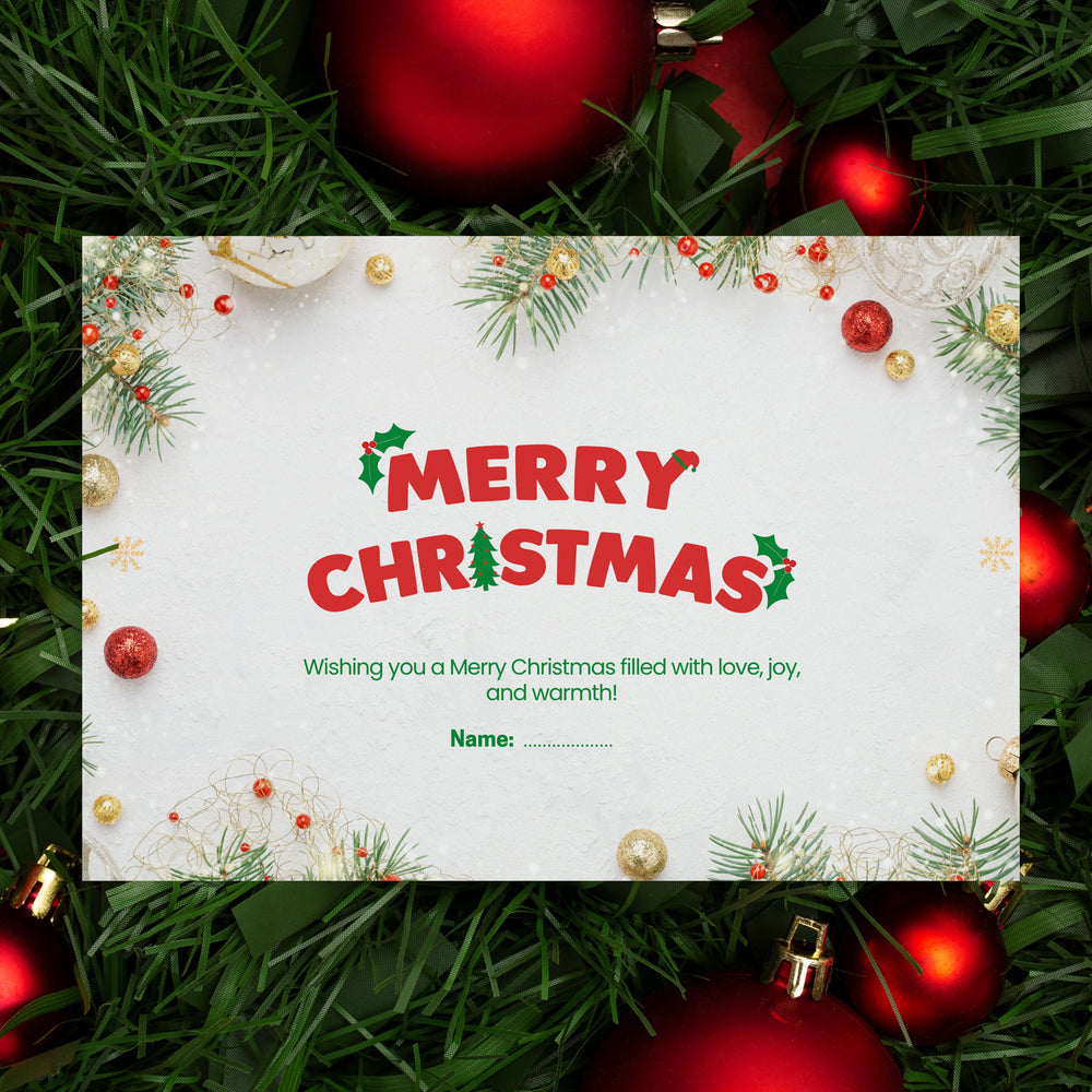 Merry Christmas card surrounded by red ornaments on a grass background