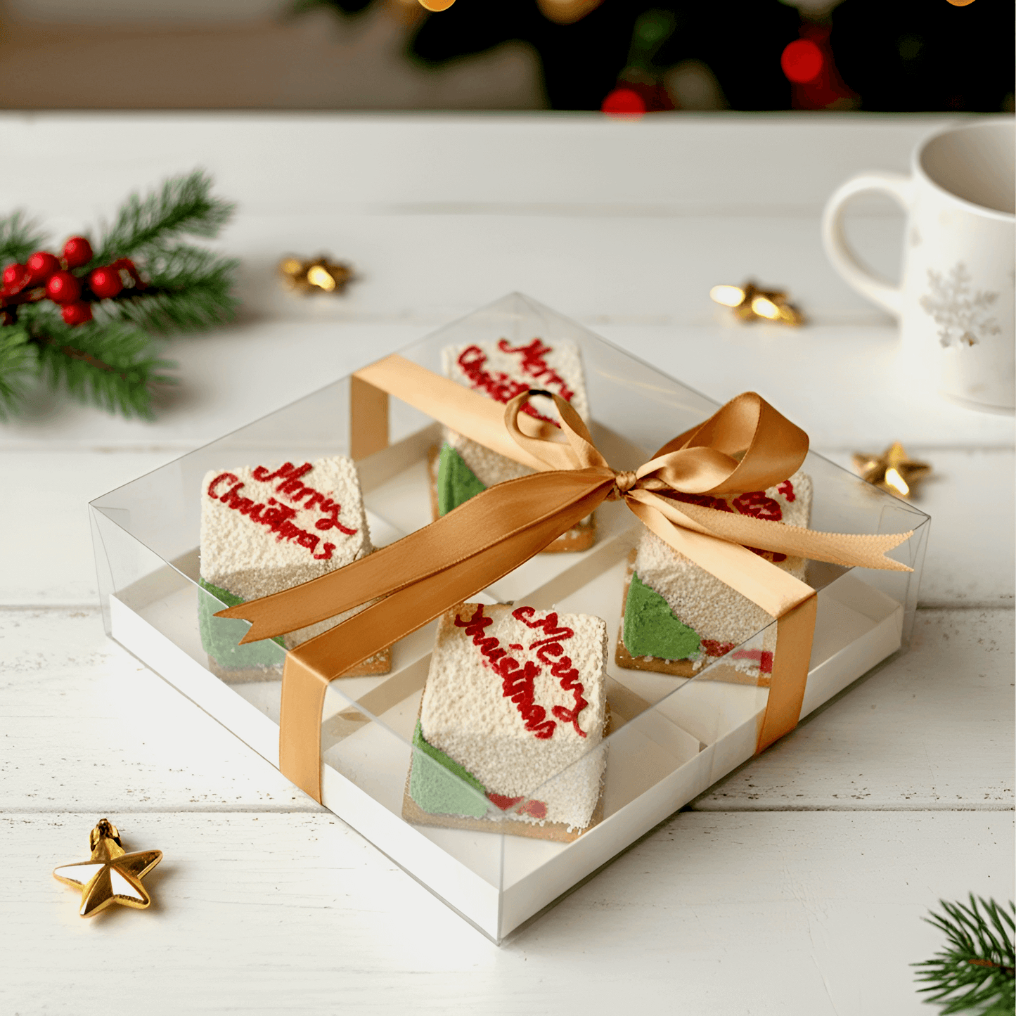 christmas desserts in white colour with red writing of merry christmas and christmas tree on the cake perfect for christmas gift