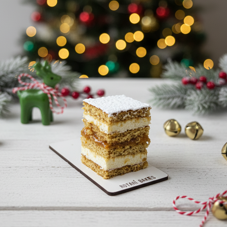 
                  
                    Stack of layered dessert on a white surface with a decorated Christmas tree in the background.
                  
                