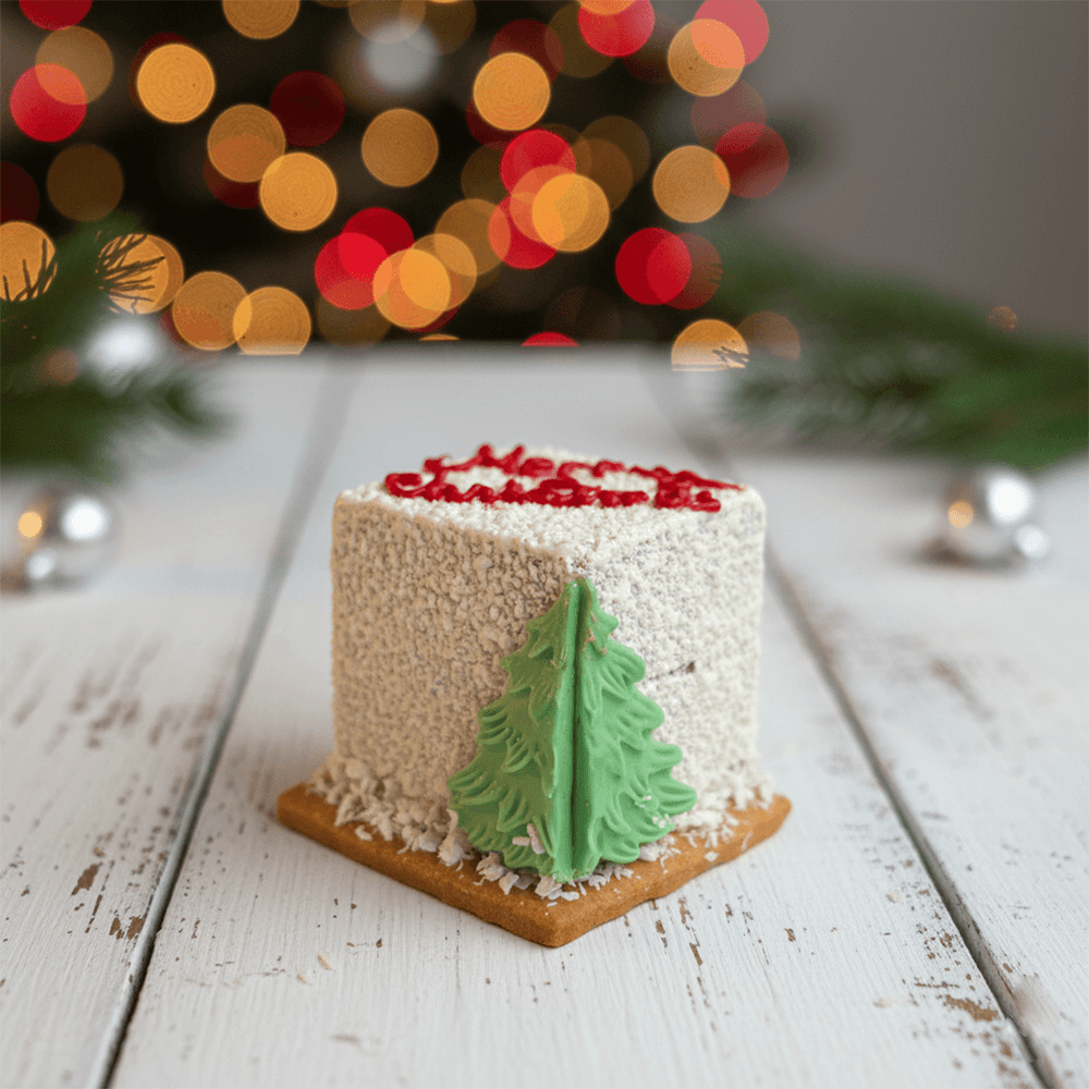 
                  
                    christmas dessert in white colour with red writing of merry christmas and christmas tree on the cake perfect for christmas gift
                  
                