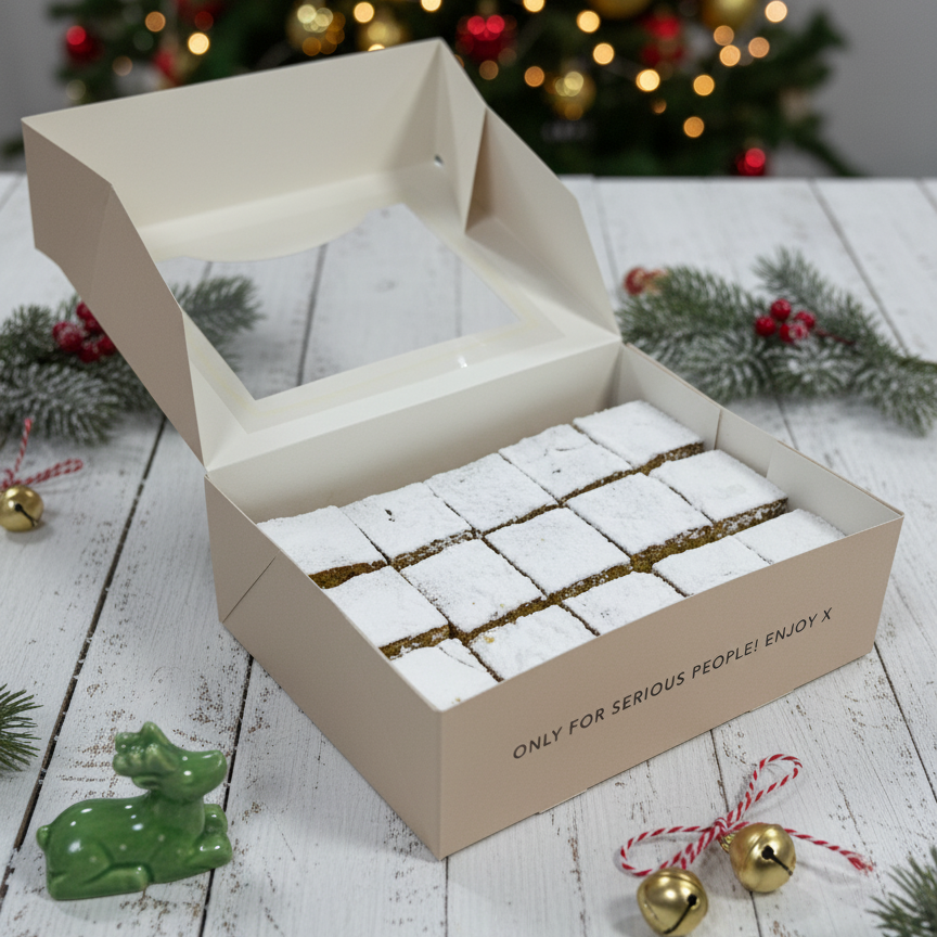 christmas dessert  box of white chocolate bars with a Christmas tree in the background