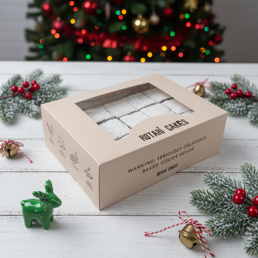 
                  
                    rotari bakes christmas dessert cake box with window on a wooden surface with Christmas decorations.
                  
                