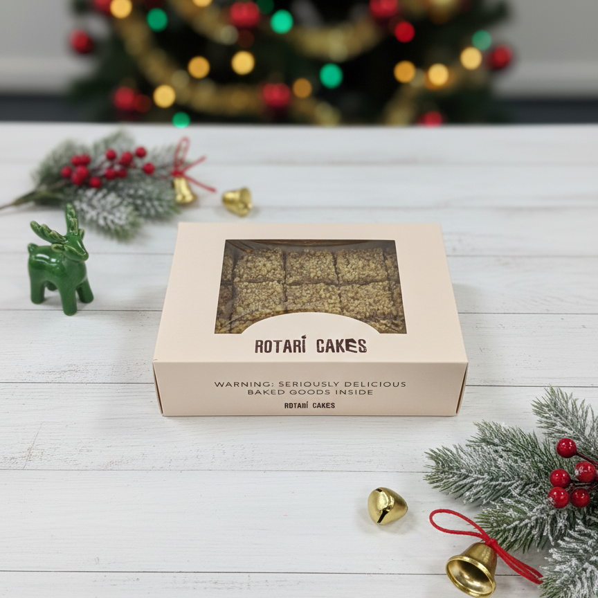 
                  
                    Rotari Cakes christmas box on a festive background with Christmas decorations
                  
                