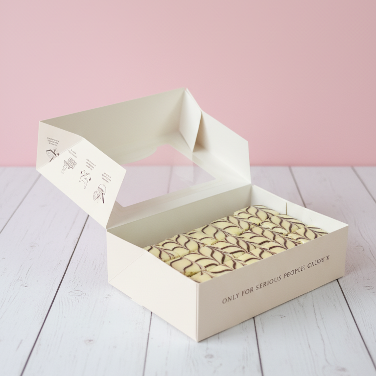Open beige box with a patterned interior on a light wooden surface and pink background