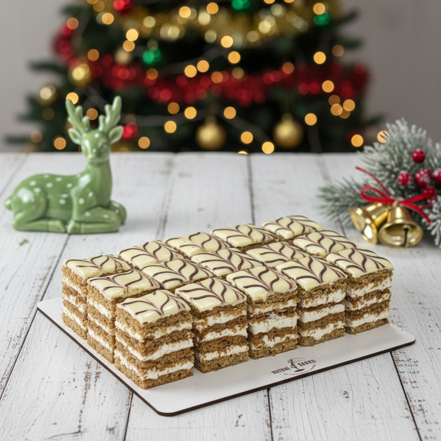 christmas desserts and cakes with a Christmas tree and decorations in the background