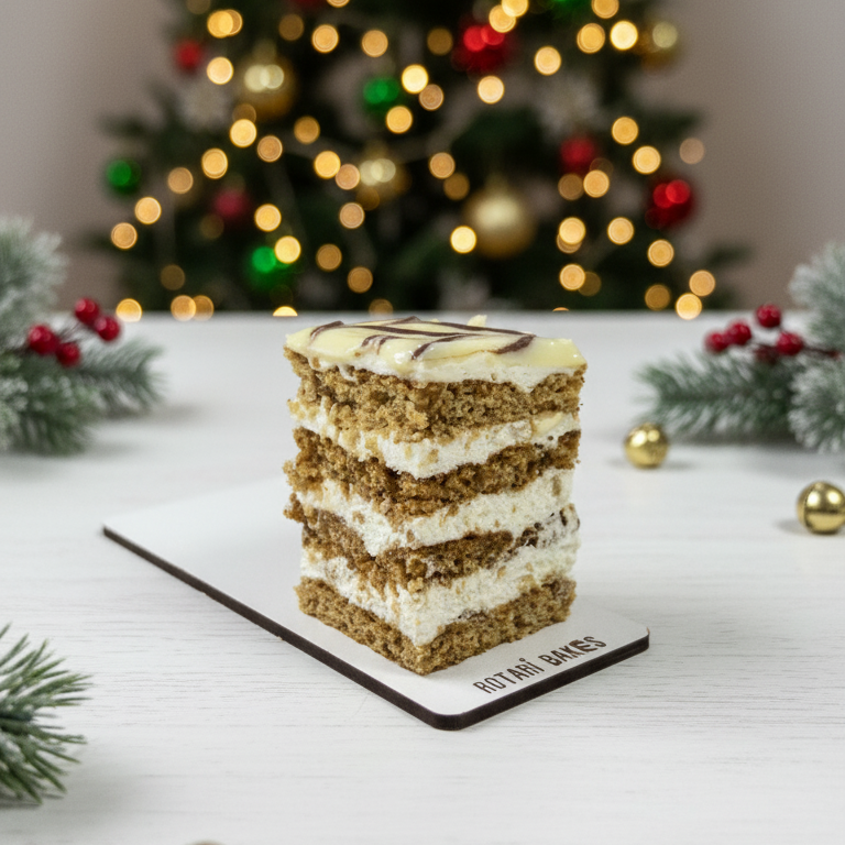 
                  
                    Layered dessert on a white surface with a decorated Christmas tree in the background
                  
                