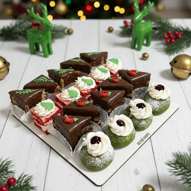 Assorted Christmas-themed desserts on a white surface with a decorated Christmas tree in the background.