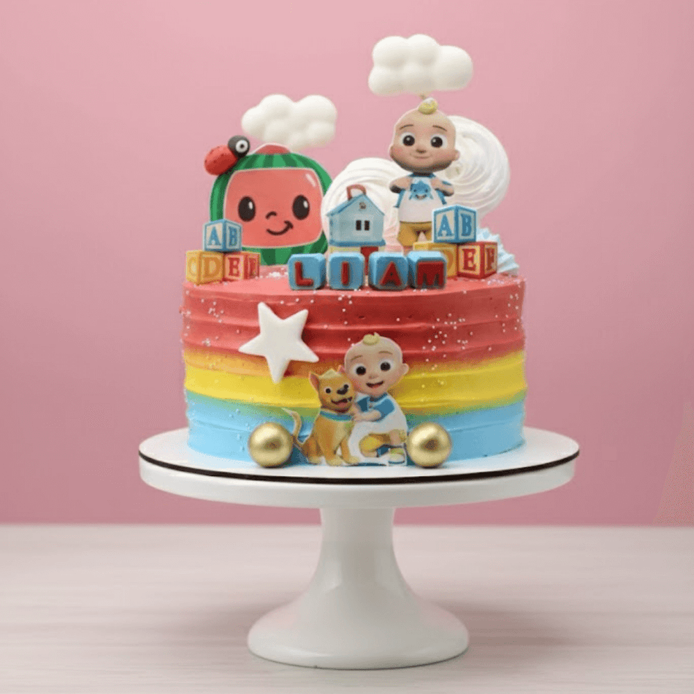
                  
                    Colorful children's birthday cake with cartoon characters on a pink background
                  
                