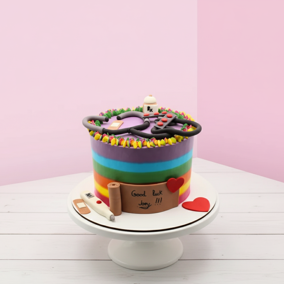 Colorful cake for nurses on a white stand with a pink background