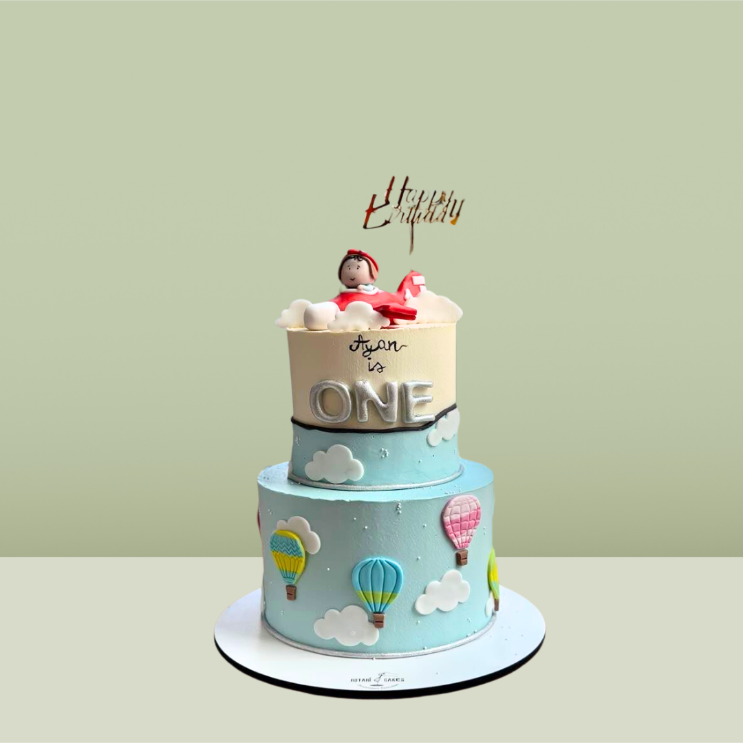 sky, clouds and hot air balloon cake for kids birthday