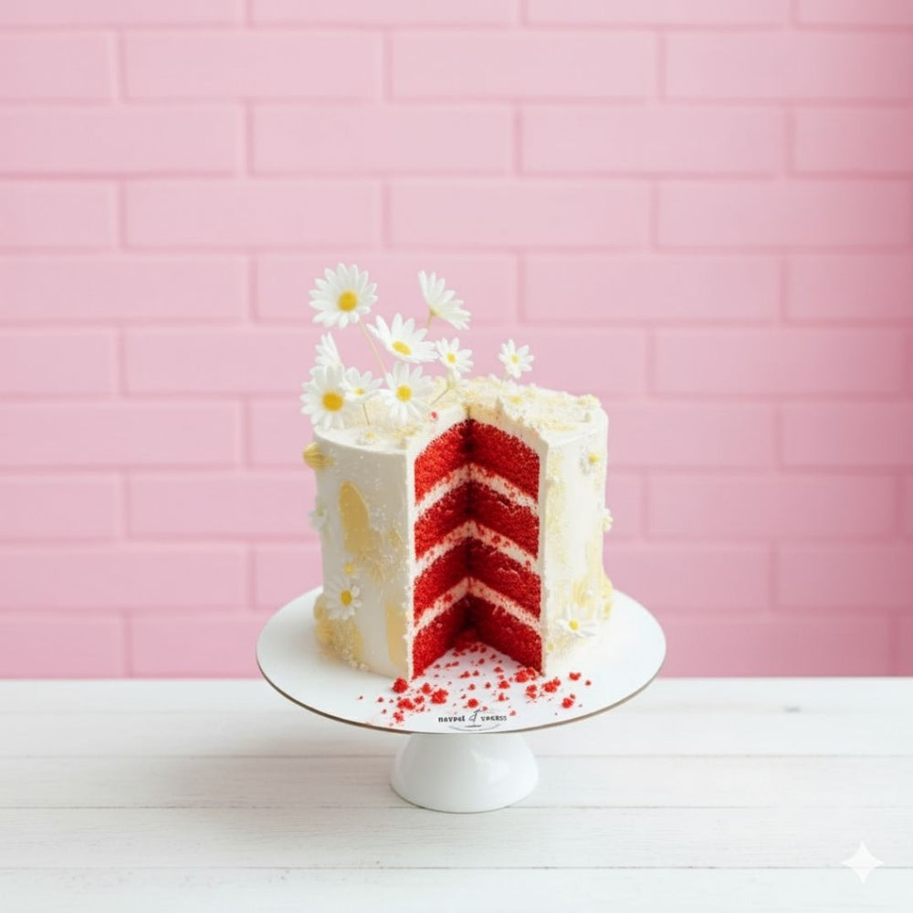Red velvet cake with white frosting on a white cake stand against a pink tiled wall.