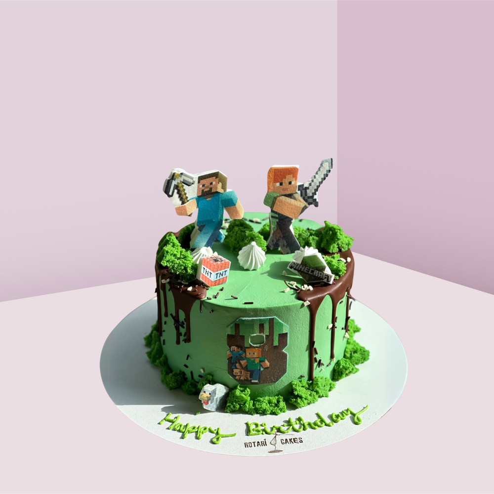 Minecraft-themed cake for kids birthdays and gaming celebrations.