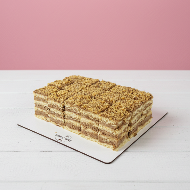 dobos Layered cake on a white stand with a pink background