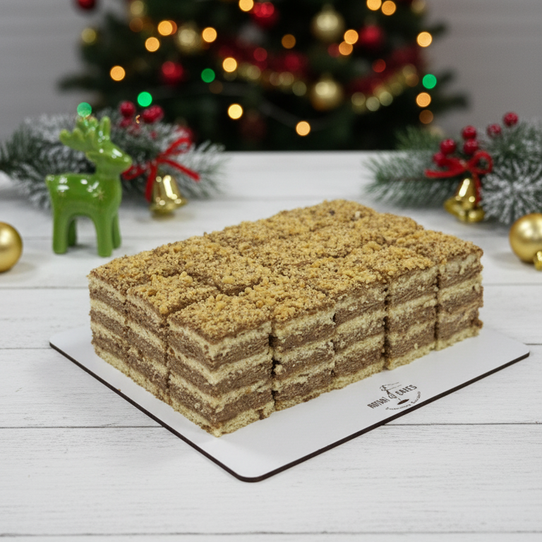 dobos cakes box for christmas on a white stand with a festive background featuring a decorated Christmas tree.